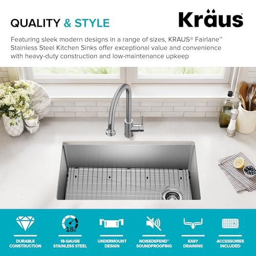 KRAUS Fairlane 33-inch Undermount Single Bowl 18-Gauge Stainless Steel Kitchen Sink, KHU640-33