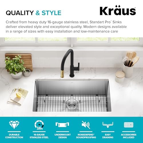 Kraus KHU100-32 Standart PRO 16 Gauge Undermount Single Bowl Stainless Steel Kitchen Sink, 32 Inch
