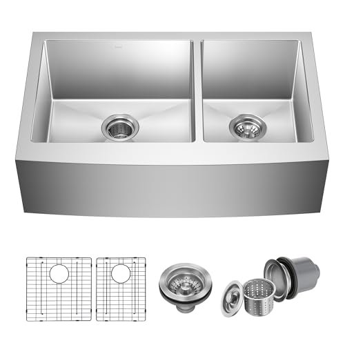 KRAUS Standart Pro 33-Inch Apron Front Farmhouse 16-Gauge 60/40 Double Bowl Stainless Steel Kitchen Sink, KHF203-33