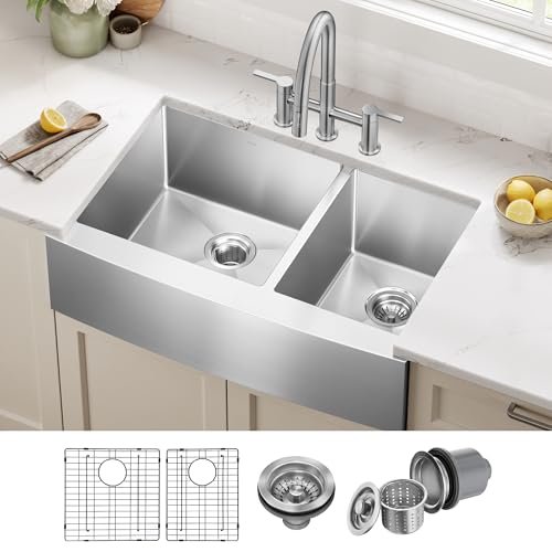KRAUS Standart Pro 33-Inch Apron Front Farmhouse 16-Gauge 60/40 Double Bowl Stainless Steel Kitchen Sink, KHF203-33