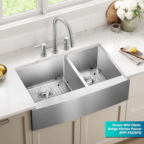 KRAUS Standart Pro 33-Inch Apron Front Farmhouse 16-Gauge 60/40 Double Bowl Stainless Steel Kitchen Sink, KHF203-33