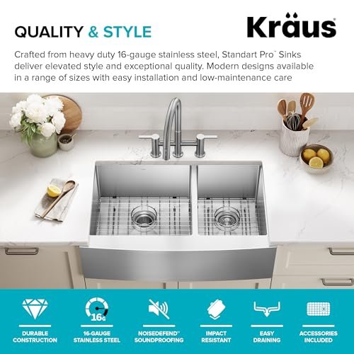 KRAUS Standart Pro 33-Inch Apron Front Farmhouse 16-Gauge 60/40 Double Bowl Stainless Steel Kitchen Sink, KHF203-33
