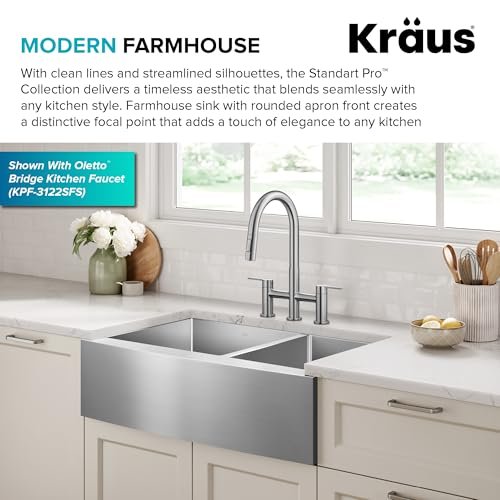 KRAUS Standart Pro 33-Inch Apron Front Farmhouse 16-Gauge 60/40 Double Bowl Stainless Steel Kitchen Sink, KHF203-33