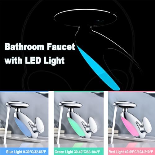 LED Bathroom Sink Faucet with Pull Out Sprayer, 4 Modes Bathroom Faucet Waterfall Fountain 360° Rotating Spout Modern, Single Hole Washbasin Tap with LED Light