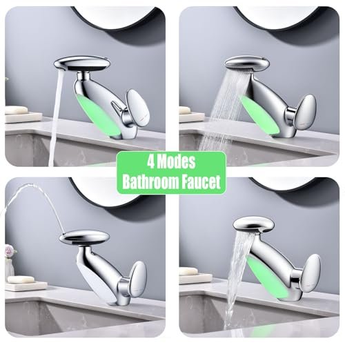LED Bathroom Sink Faucet with Pull Out Sprayer, 4 Modes Bathroom Faucet Waterfall Fountain 360° Rotating Spout Modern, Single Hole Washbasin Tap with LED Light