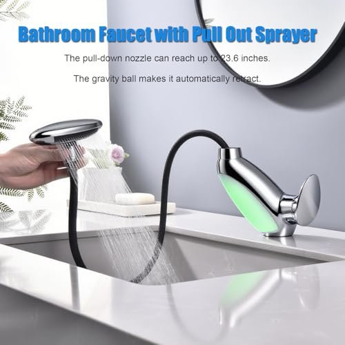 LED Bathroom Sink Faucet with Pull Out Sprayer, 4 Modes Bathroom Faucet Waterfall Fountain 360° Rotating Spout Modern, Single Hole Washbasin Tap with LED Light