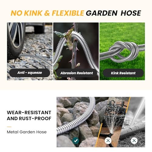 Lefree Garden Hose 100ft, Metal Garden Hose, Flexible Water Hose with 10-Function Nozzle, Stainless Steel Heavy Duty Hose, Crush Resistant, Leak Proof, No Kinks Garden Hoses for Yard, Outdoors, Rv