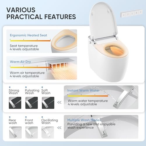 LEIVI Smart Toilet with Built-in Bidet Seat, Tankless Toilet with Auto Lid Opening, Closing and Flushing, Heated Seat, Digital Display, Remote Control, Elongated