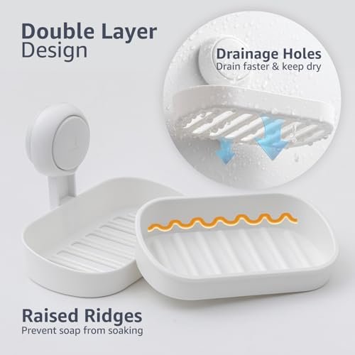 LEVERLOC Soap Dish Holder for Shower Suction Cup Wall Mounted Self Draining NO-Drilling Removable Bar Soap Sponge Holder for Bathroom Bathtub Kitchen Sink Waterproof Strong Vacuum Suction Adhesion