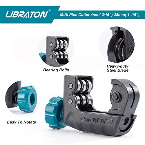 Libraton Tubing Cutter 3/16" to 1-1/8", Mini Tube Cutter, Copper Cutter, Heavy Duty Mini Pipe Cutter, Copper Tube Cutter with Deburring Tool for Copper Pipe, Aluminum Pipe, Thin Stainless Steel Pipe