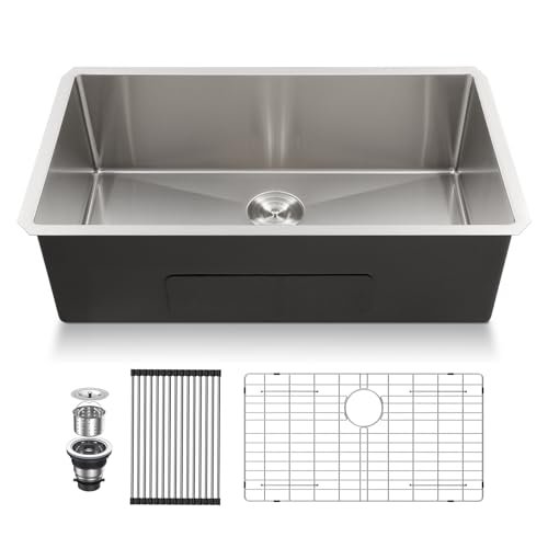 Lordear 33 Undermount Kitchen Sink 33x19x10 Inch Stainless Steel Single Bowl Kitchen Sinks Round Corner 16 Gauge Handmade Under Counter Sinks Basin