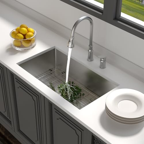 Lordear 33 Undermount Kitchen Sink 33x19x10 Inch Stainless Steel Single Bowl Kitchen Sinks Round Corner 16 Gauge Handmade Under Counter Sinks Basin