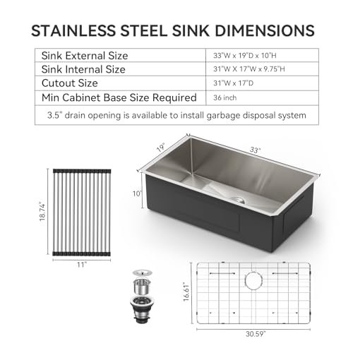 Lordear 33 Undermount Kitchen Sink 33x19x10 Inch Stainless Steel Single Bowl Kitchen Sinks Round Corner 16 Gauge Handmade Under Counter Sinks Basin