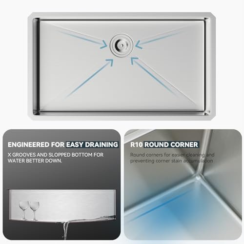 Lordear 33 Undermount Kitchen Sink 33x19x10 Inch Stainless Steel Single Bowl Kitchen Sinks Round Corner 16 Gauge Handmade Under Counter Sinks Basin