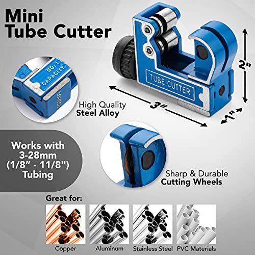 Loreso Copper Pipe Tubing Cutter - Mini Tube Cutter for 1/8" 1/4" 1/2" to 1 1/8" Inches For Copper Brass Aluminum & Thin Stainless Steel Pipes (3-28mm) OD- Mini