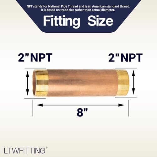 LTWFITTING Brass Pipe 8" Long Nipple Fitting 2" Male NPT Air Water(Pack of 1)