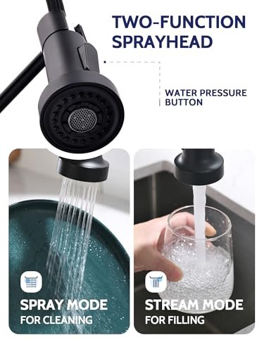 LUFEIDRA Black Kitchen Faucets with Pull Down Sprayer - High Arc Spring 304 Stainless Steel Single Hole Sink Faucet with Dual Function Pull-Down Sprayer for Bar Rv Kitchen, Matte Black