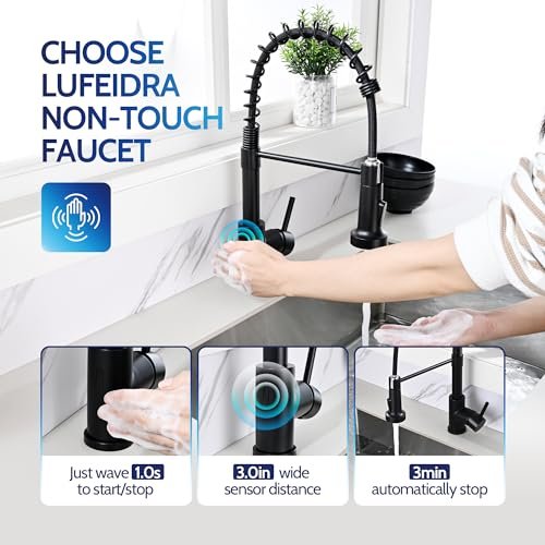 LUFEIDRA Touchless Kitchen Faucet with Pull Down Sprayer-Black Kitchen Faucet with Side Motion Sensor, Smart Hands-Free Spring Kitchen Sink Faucet for Modern Rv Outdoor Laundry Bar Sink, Matte Black