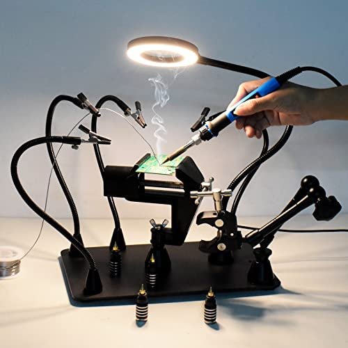 Magnetic Helping Hands Soldering Third Hand, PCB Circuit Board Holder with 3X LED Magnifying Lamp, 360 Hot Air Gun Holder, Extra Large & Heavy Duty Base Plate | Flexible Arms for Soldering Station