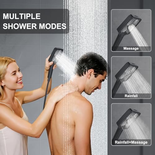 Matte Black 13-Inch Rainfall Shower System - Premium Shower Head & Handheld Sprayer, Complete Bathroom Set with Faucet Mixer Trim Kit & Valve