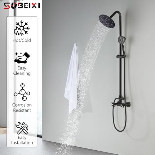 Matte Black Outdoor Shower Kit, 2 Handle 8 Inch Round Rain Shower Head Outdoor Shower Fixtures Faucet System with High Pressure Handheld Spray, Wall Mounted
