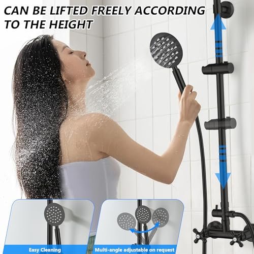 Matte Black Outdoor Shower Kit, 2 Handle 8 Inch Round Rain Shower Head Outdoor Shower Fixtures Faucet System with High Pressure Handheld Spray, Wall Mounted