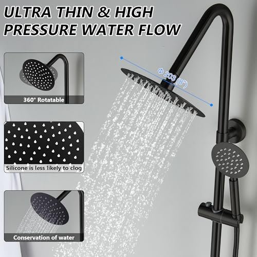 Matte Black Outdoor Shower Kit, 2 Handle 8 Inch Round Rain Shower Head Outdoor Shower Fixtures Faucet System with High Pressure Handheld Spray, Wall Mounted