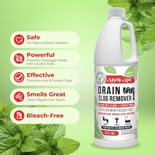 Mighty Mint Drain Clog Remover, Safe for Pipes and Septic, Dissolves Hair & Grease, Clears Blocked Drains and Deodorizes, Natural Mint Scent, 32oz