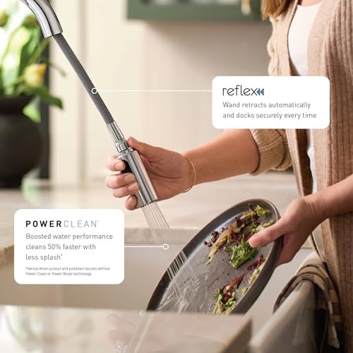 Moen Adler Chrome One-Handle High Arc Kitchen Sink Faucet with Power Clean, Modern Kitchen Faucet with Pull Down Sprayer, 87233