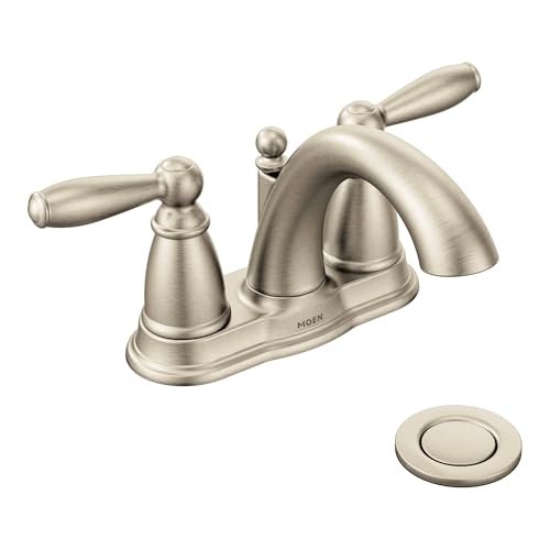 Moen Brantford Brushed Nickel Two-Handle Low-Arc Traditional Centerset Bathroom Faucet with Drain Assembly, 6610BN