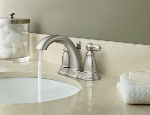 Moen Brantford Brushed Nickel Two-Handle Low-Arc Traditional Centerset Bathroom Faucet with Drain Assembly, 6610BN