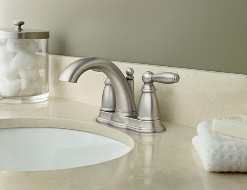Moen Brantford Brushed Nickel Two-Handle Low-Arc Traditional Centerset Bathroom Faucet with Drain Assembly, 6610BN