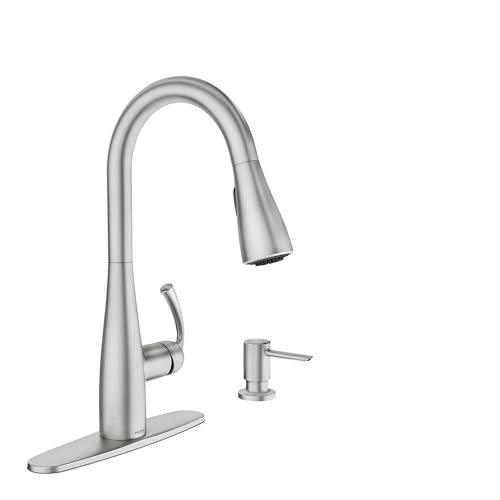 Moen Essie Spot Resist Stainless Pulldown Sprayer Kitchen Sink Faucet Set with Modern Pump Soap Dispenser, 87014SRS