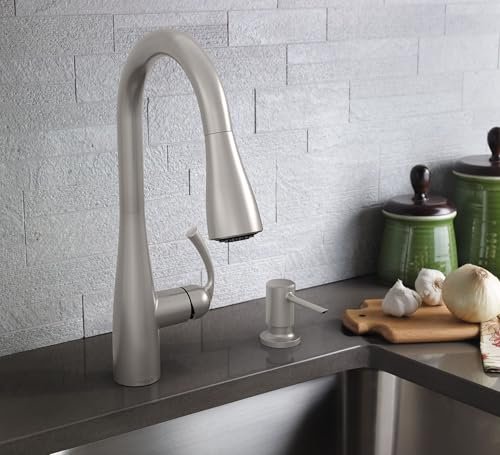 Moen Essie Spot Resist Stainless Pulldown Sprayer Kitchen Sink Faucet Set with Modern Pump Soap Dispenser, 87014SRS