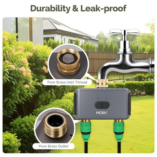 MOES WiFi Sprinkler Timer 2 Zone with Brass Inlet & Outlet, Water Timer for Garden Hose Faucet, Programmable Watering Irrigation 2 Outlet, Smart Watering System for Lawns and Yard Work with Alexa