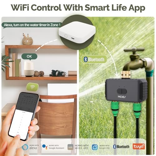 MOES WiFi Sprinkler Timer 2 Zone with Brass Inlet & Outlet, Water Timer for Garden Hose Faucet, Programmable Watering Irrigation 2 Outlet, Smart Watering System for Lawns and Yard Work with Alexa