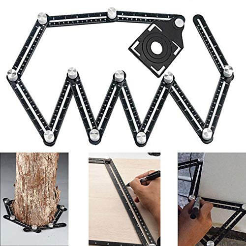 Multi Angle Measuring Ruler,12-Sided Angle Measurement,Tile Holes Measure Ruler with 3-Holes Positioning Apertures,Upgrade Multi Angle Ruler/Metal/Black