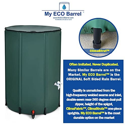 My ECO Barrel™ Rollable/Compressible 132 Gallon Rainwater Harvesting Barrel – Large Rainwater Collection System – High Frequency Welded Seams Plus 360° Zipper, Portable Water Storage Tank; BPA Free