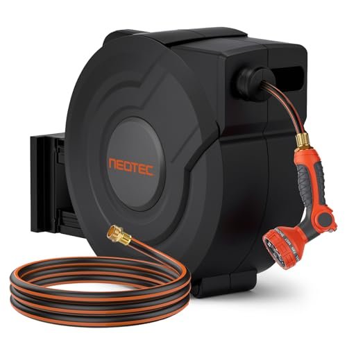 NEOTEC Retractable Garden Hose Reel 1/2 inch x 130ft - Wall Mounted Heavy Duty Hose Reel with 3/4 Inch Brass Fittings & 9-Pattern Nozzle - Auto Rewind System, Any Length Lock, 180° Swivel Bracket