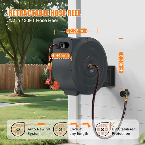 NEOTEC Retractable Garden Hose Reel 1/2 inch x 130ft - Wall Mounted Heavy Duty Hose Reel with 3/4 Inch Brass Fittings & 9-Pattern Nozzle - Auto Rewind System, Any Length Lock, 180° Swivel Bracket