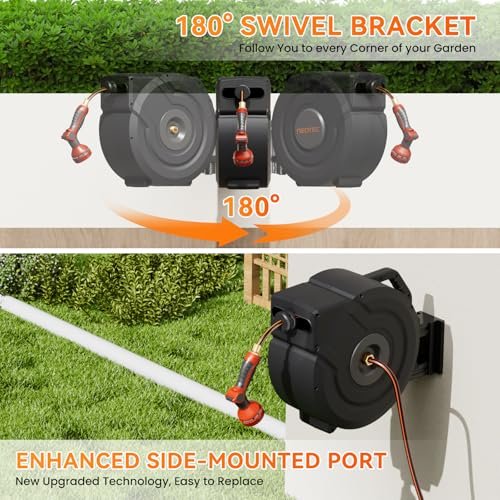 NEOTEC Retractable Garden Hose Reel 1/2 inch x 130ft - Wall Mounted Heavy Duty Hose Reel with 3/4 Inch Brass Fittings & 9-Pattern Nozzle - Auto Rewind System, Any Length Lock, 180° Swivel Bracket