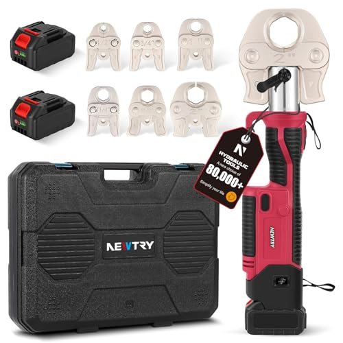 NEWTRY Pro Press Tool Kit Hydraulic Electric Pipe Crimping Tool 1/2",3/4",1",1-1/4",1-1/2", 2" Jaws 350° Rotatable Head Rechargeable 2pcs 5000mAh Batteries for Stainless Steel Copper PEX Pipes