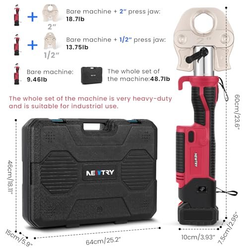 NEWTRY Pro Press Tool Kit Hydraulic Electric Pipe Crimping Tool 1/2",3/4",1",1-1/4",1-1/2", 2" Jaws 350° Rotatable Head Rechargeable 2pcs 5000mAh Batteries for Stainless Steel Copper PEX Pipes