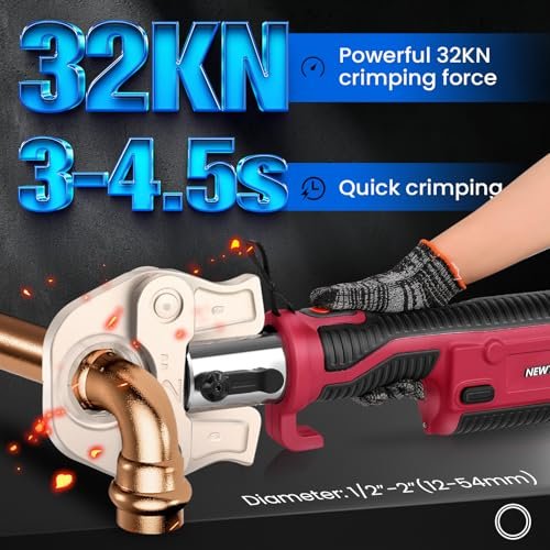 NEWTRY Pro Press Tool Kit Hydraulic Electric Pipe Crimping Tool 1/2",3/4",1",1-1/4",1-1/2", 2" Jaws 350° Rotatable Head Rechargeable 2pcs 5000mAh Batteries for Stainless Steel Copper PEX Pipes
