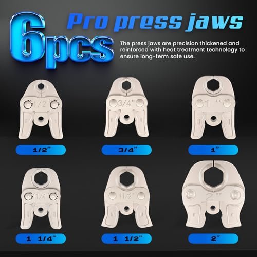 NEWTRY Pro Press Tool Kit Hydraulic Electric Pipe Crimping Tool 1/2",3/4",1",1-1/4",1-1/2", 2" Jaws 350° Rotatable Head Rechargeable 2pcs 5000mAh Batteries for Stainless Steel Copper PEX Pipes