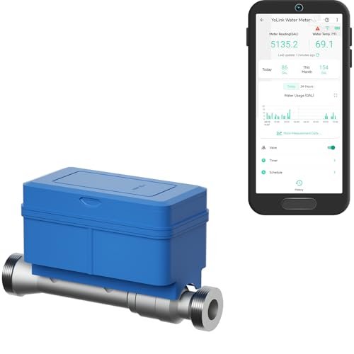 NSF Certified YoLink FlowSmart All-in-One Smart Water Meter & Auto Shutoff for 3/4" Pipes, LoRa Long-Range, Real-Time Leak Detection, 10-Year Battery, 80+ Device Ecosystem, Hub Required