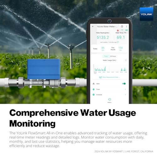 NSF Certified YoLink FlowSmart All-in-One Smart Water Meter & Auto Shutoff for 3/4" Pipes, LoRa Long-Range, Real-Time Leak Detection, 10-Year Battery, 80+ Device Ecosystem, Hub Required