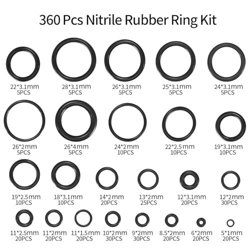O Ring Assortment Kit, 360 Pcs Rubber Washer Orings, 24 Sizes Pressure Washer O Ring Kit for Faucet, Hose, Automotive, Air Gas Plumbing Sealing Repair O Rings, Black