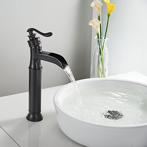 Oil Rubbed Bronze Deck Mount Faucet with Waterfall Flow, Low Lead Brass Construction, Easy Installation, Drain Assembly Included
