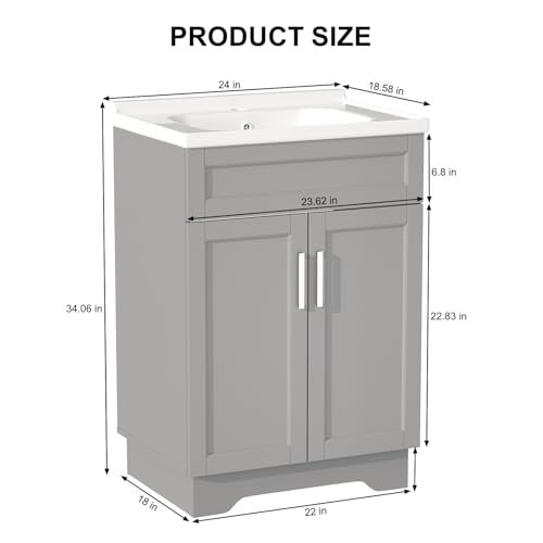 OLD CAPTAIN Bathroom Vanity with Ceramic Sink, Wooden Double Door Bathroom Storage Vanity with 24 Inch, Small Quick Assembly Bathroom Cabinet, White & Grey